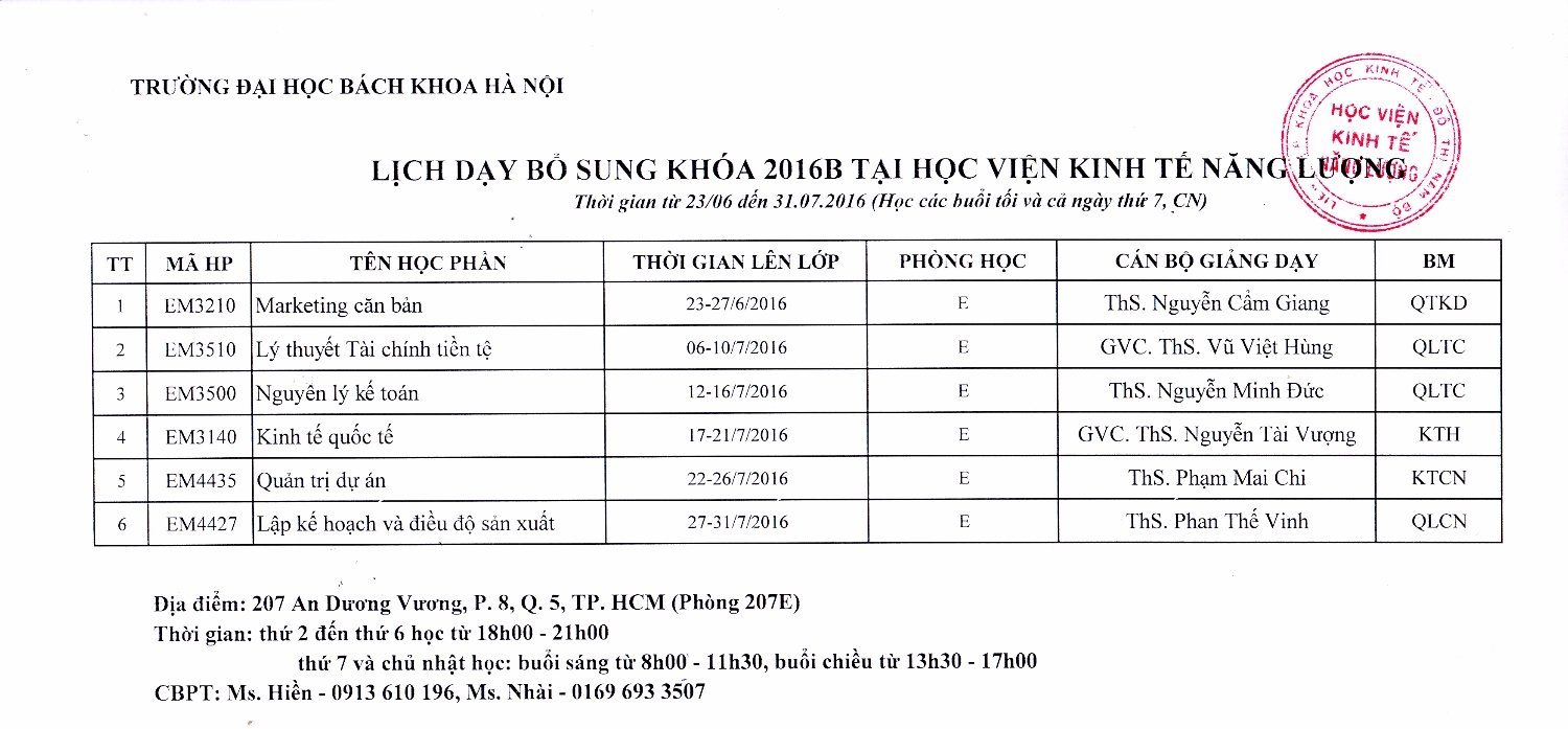 Lịch học bổ sung lớp Cao học Bách khoa Hà Nội 2016